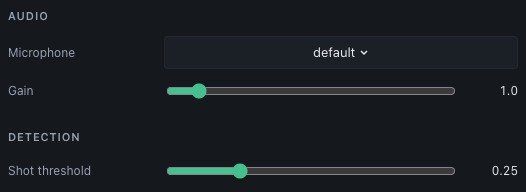 The Audio and Detection sections of Preferences showing Microphone, Gain and Shot threshold