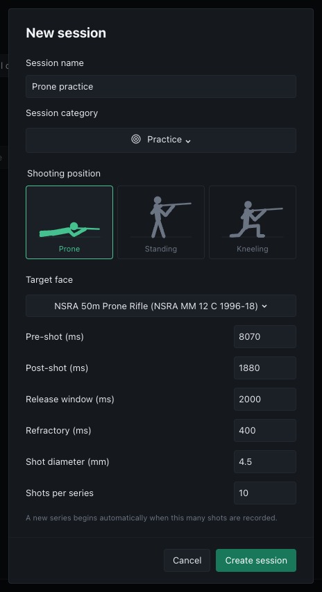 The New session dialogue with name, category, position, target face and timing fields