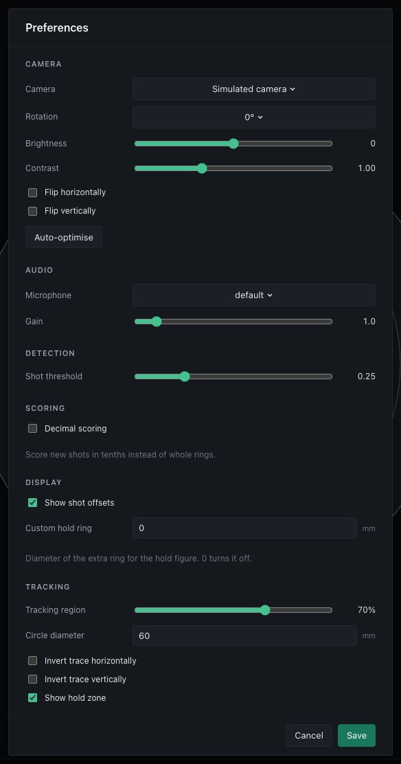 The Preferences dialogue with Camera, Audio, Detection, Scoring, Display and Tracking sections