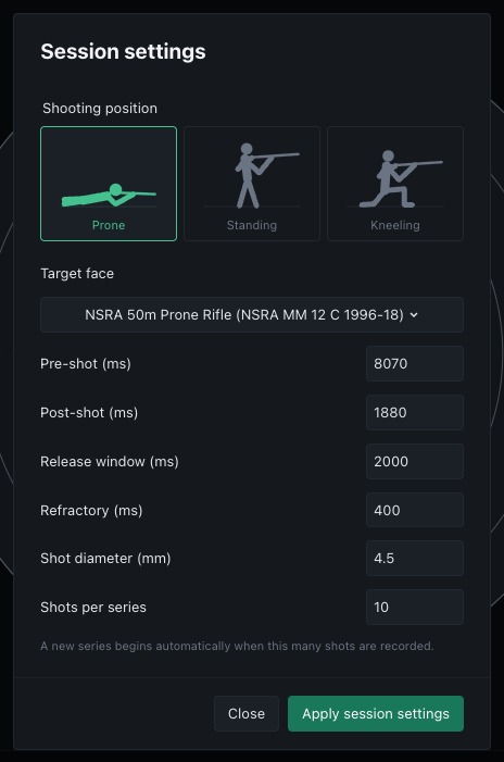 The Session settings dialogue opened from the target page