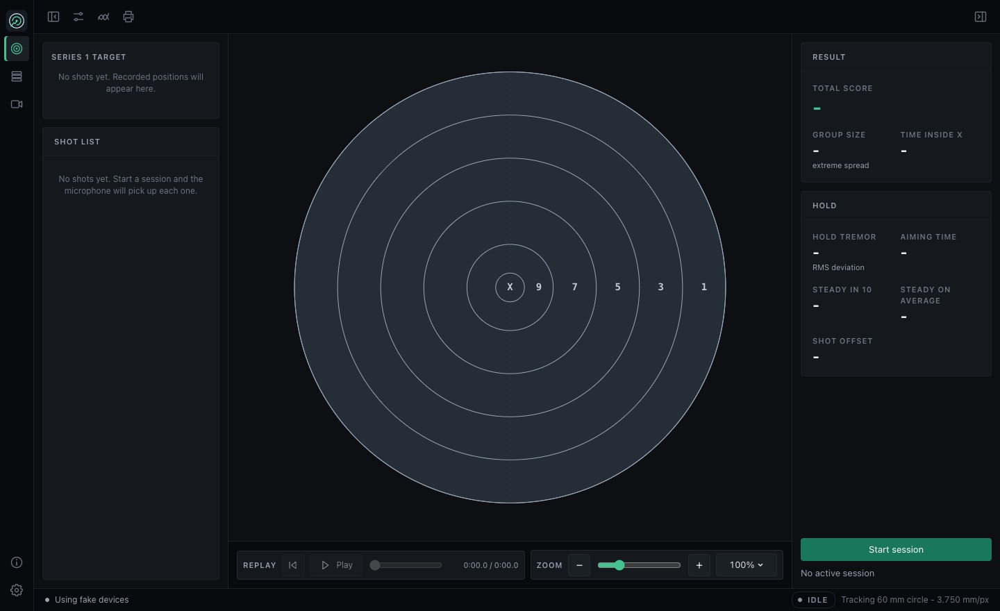 The target page before a session, with an empty shot list and a Start session button
