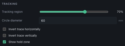 The Tracking section of Preferences showing tracking region, circle diameter and trace toggles